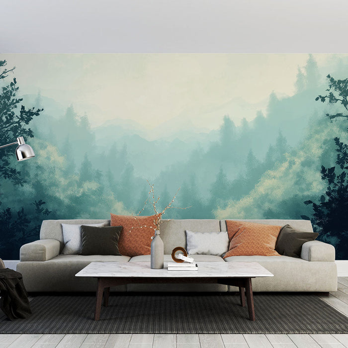 Tapetti maisema metsä | Hellä sumu vehreän metsän yllä
