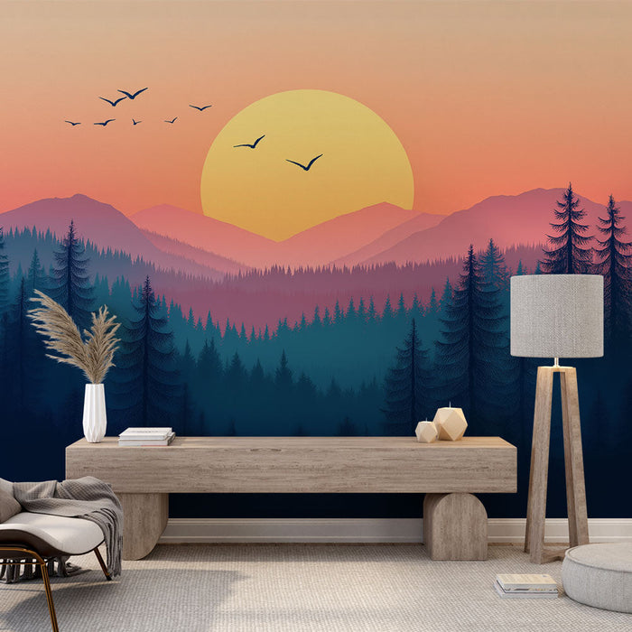 Tapeta lesní krajina | Poklidný soumrak s horami a stromy