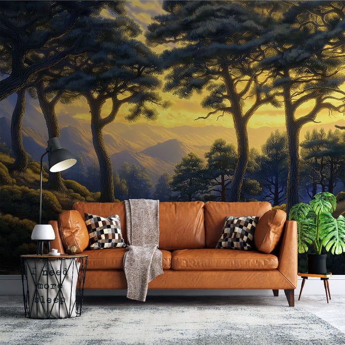 Fototapet skogslandskap | Skog badad i gyllene ljus vid solnedgång