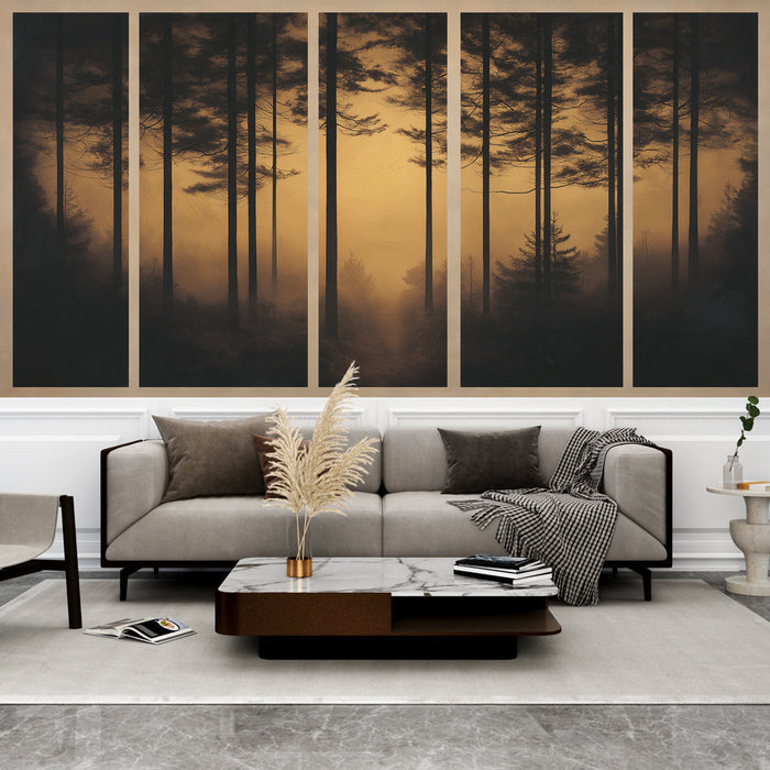 Foto Behang landschap | Mistig bos bij gouden schemering