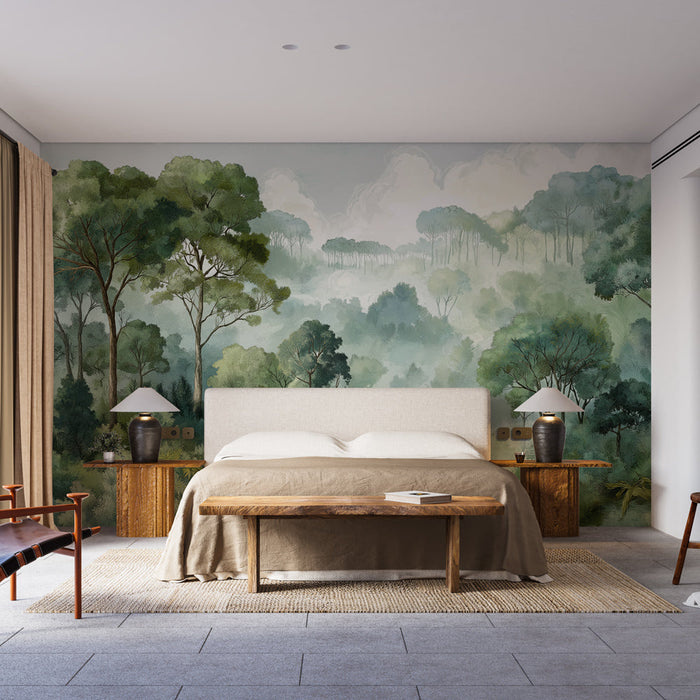 Tájkép Tapéta | Sűrű erdő ködbe burkolva és nyugtató zöldbe