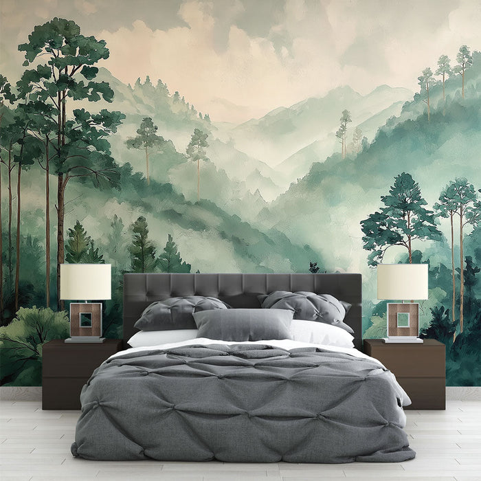 Fototapet skoglandskap | Tåkete skog med majestetiske trær