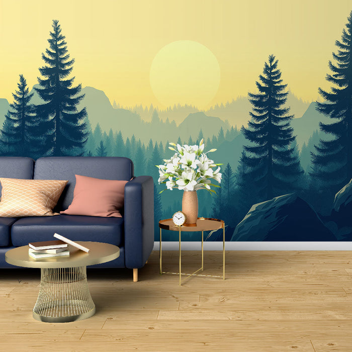 Fototapet skoglandskap | Tåkefylte fjell ved solnedgang