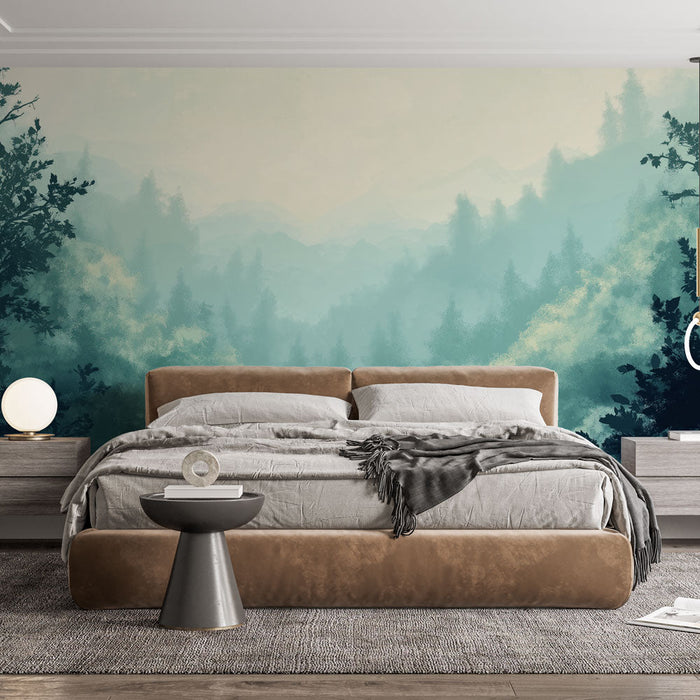 Mural Wallpaper forest landscape | Misty mountains surrounded by soothing foliage