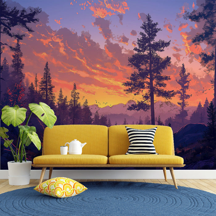 Tapetti metsämaisema | Vuoristomaisema eläväisen auringonlaskun kanssa