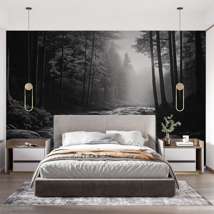 Mural Wallpaper forest landscape | Peaceful river through the trees in black and white