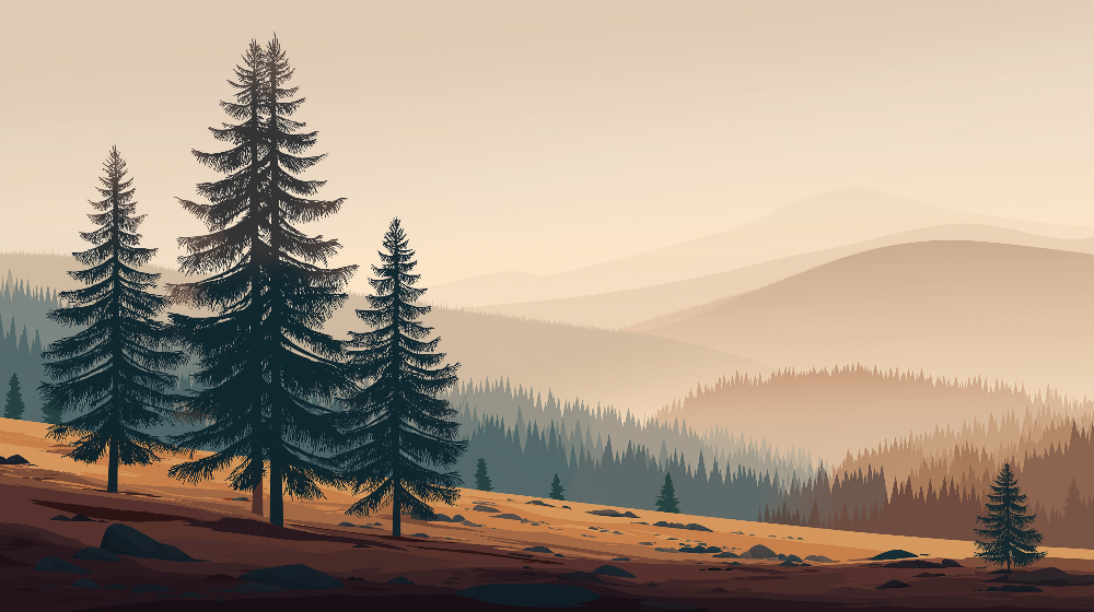 Foto Behang landschap bos | Silhouetten van majestueuze bomen in een rustgevende bergachtige omgeving