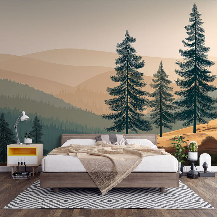 Foto Behang landschap bos | Rustgevend uitzicht op heuvels en naaldbomen