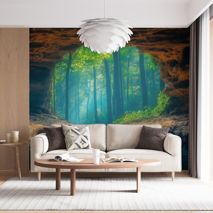 Carta da parati paesaggio forestale | Vista magica di una foresta attraverso una grotta