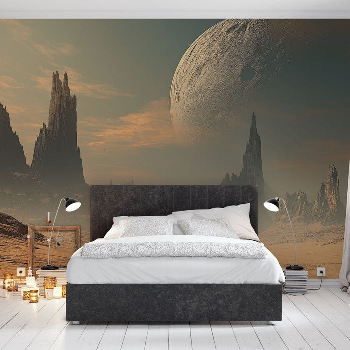 Mural Wallpaper galaktički krajolik | Spektakularan pogled na stijenske formacije ispod divovskog mjeseca