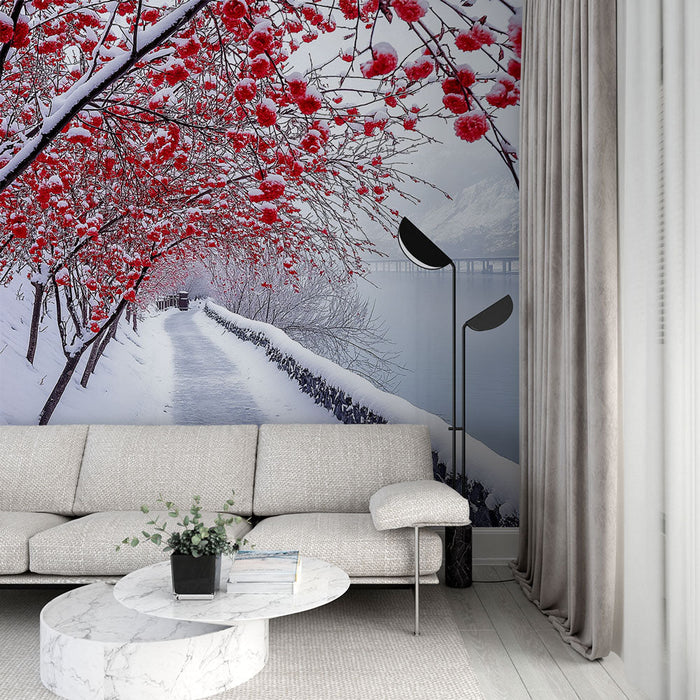 Falfestmény téli táj | Út mentén cseresznyefák hóval és piros virágokkal