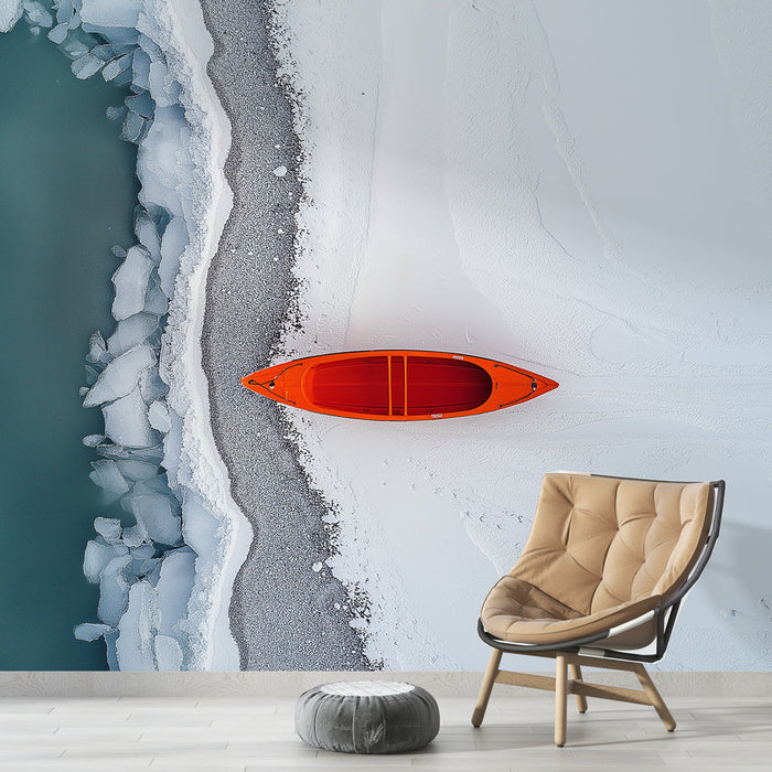 Carta da parati paesaggio invernale | Barca arancione sulla neve e acqua turchese