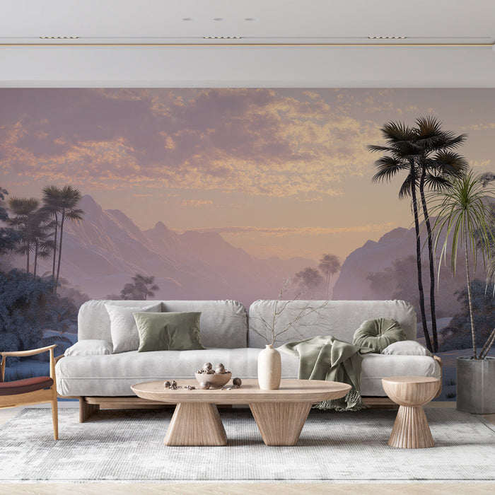 Fototapet vinterlandskap | Snöiga berg med palmer och fridfull flod