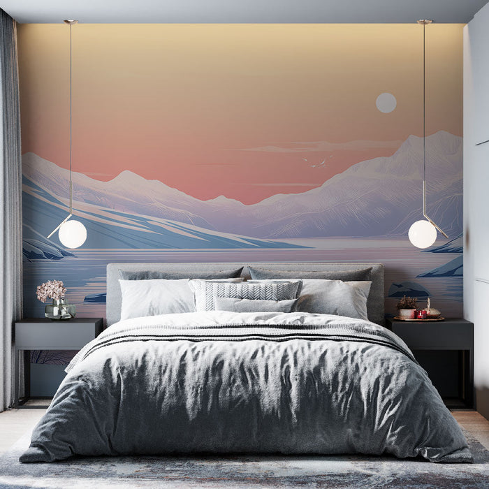 Foto Behang winterlandschap | Besneeuwde bergen en meer met zachte reflecties