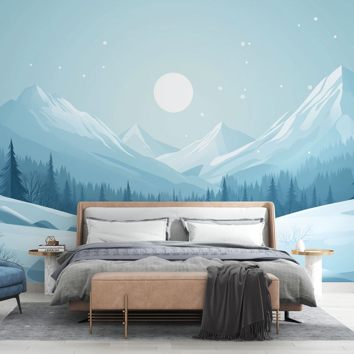 Foto Behang winterlandschap | Besneeuwde bergen onder het maanlicht