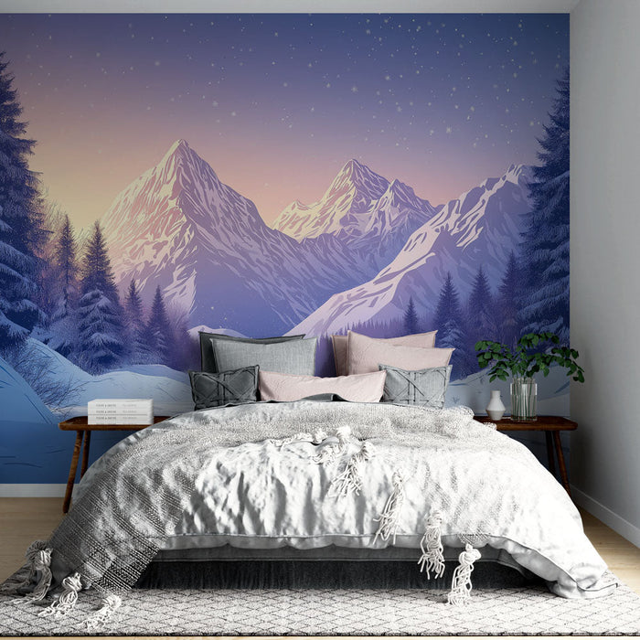 Ταπετσαρία τοιχογραφίας χειμερινό τοπίο | Χιονισμένα βουνά κάτω από ένα έναστρο ουρανό