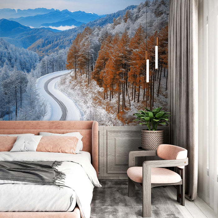 Tapeta zimní krajina | Klikatá cesta mezi zasněženými horami