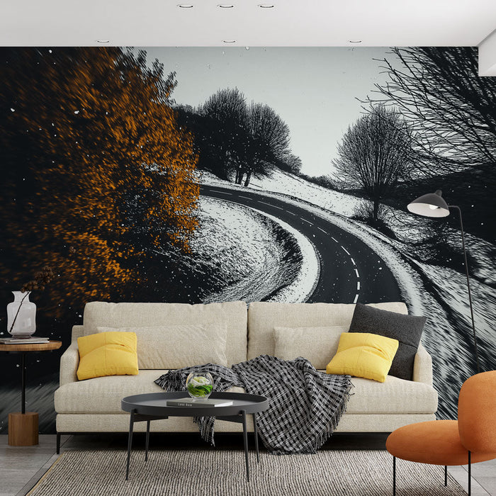 Tapetti talvimaisema | Kiemurteleva tie lumen ja kultaisen lehdistön alla