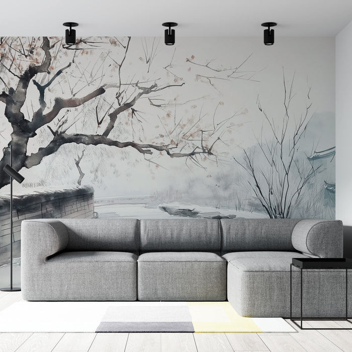 Carta da parati paesaggio invernale | Scena tranquilla sotto la neve con alberi e un edificio tradizionale