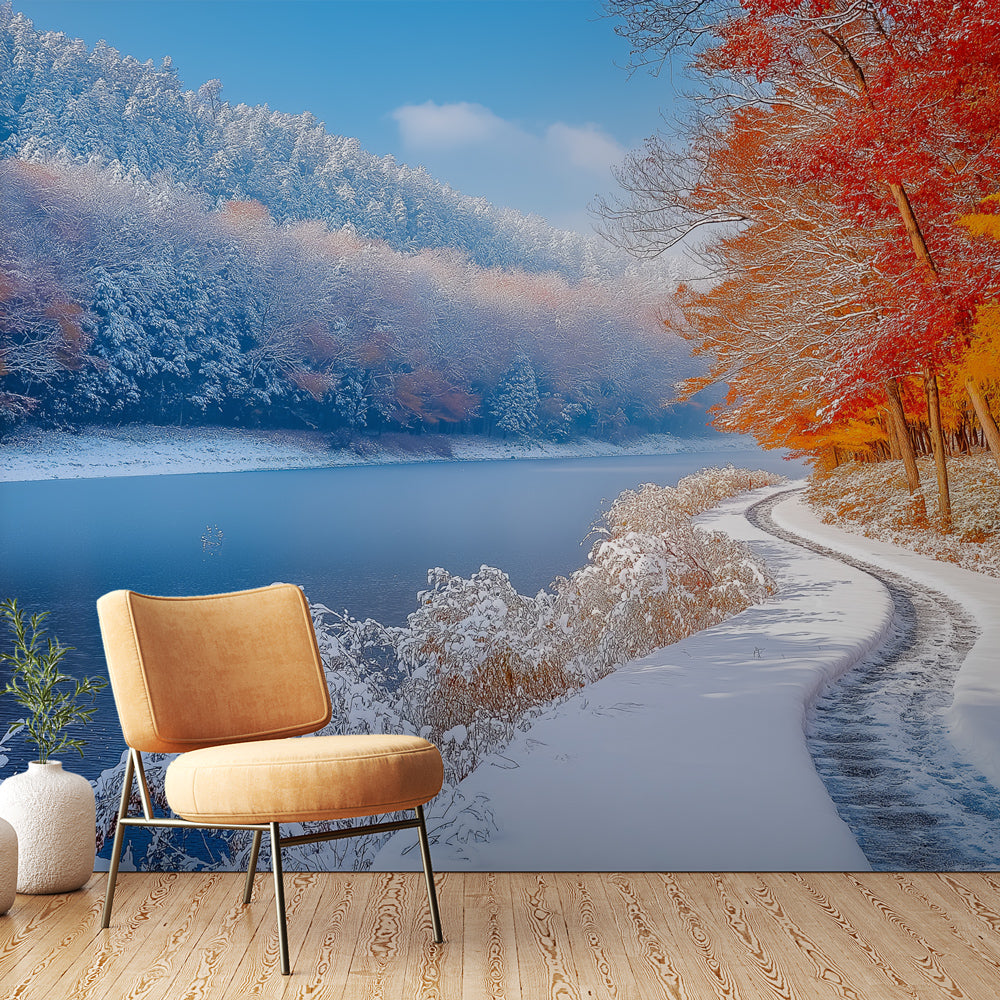 Tapete Winterlandschaft | Ein verschneiter Weg an einem ruhigen See —  WonderMural, image size:1000x1000