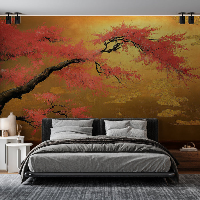 Nástěnná tapeta Japonská krajina | Třešňový květ a zlaté pozadí