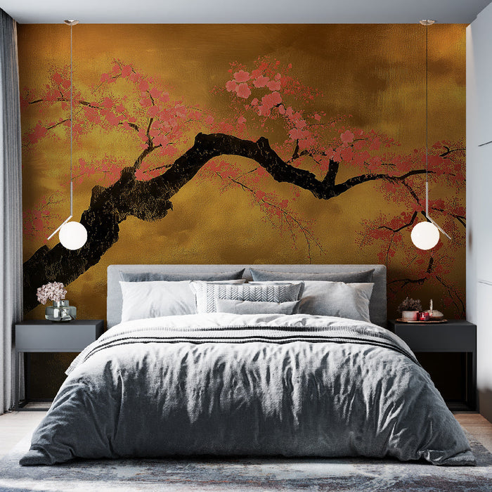 Fototapet Japon Manzarası | Pembe Kiraz Çiçeği ve Altın Arka Plan