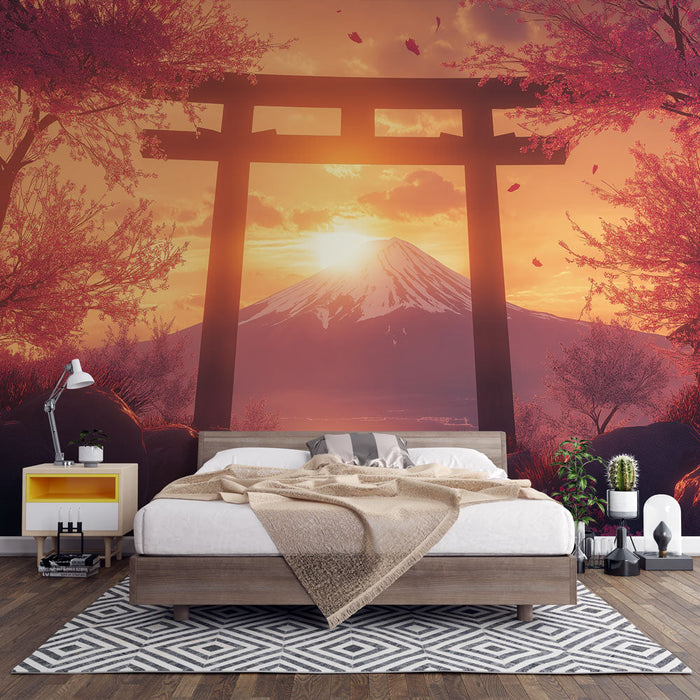 Tapete Japanische Landschaft | Berg Fuji bei Sonnenuntergang mit Kirschblüten