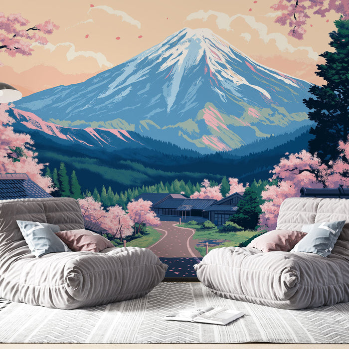 Fototapet Japansk landskab | Majestætisk bjerg omgivet af kirsebærblomster