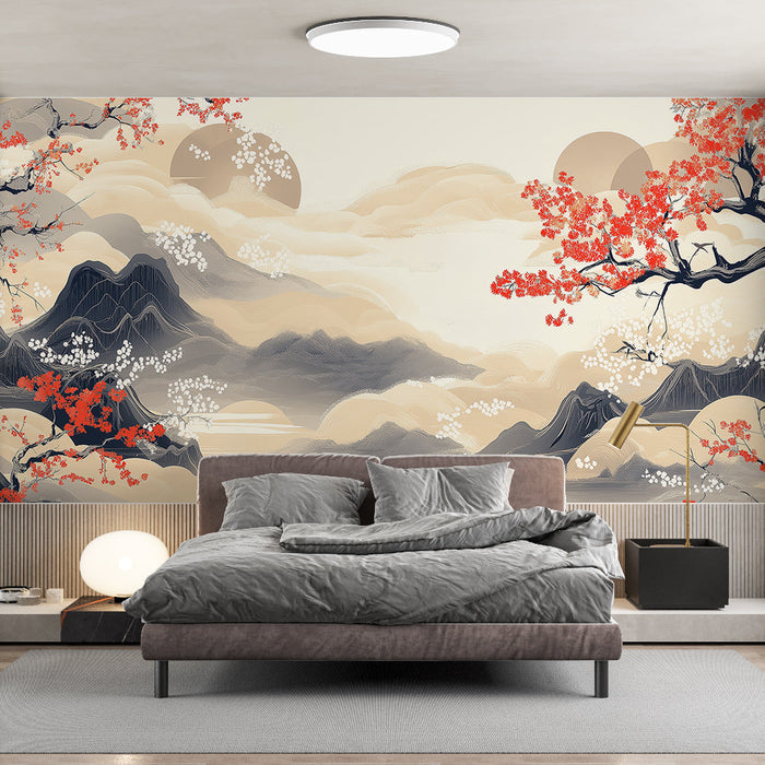 Фототапет Японски пейзаж | Планини и черешови цветове