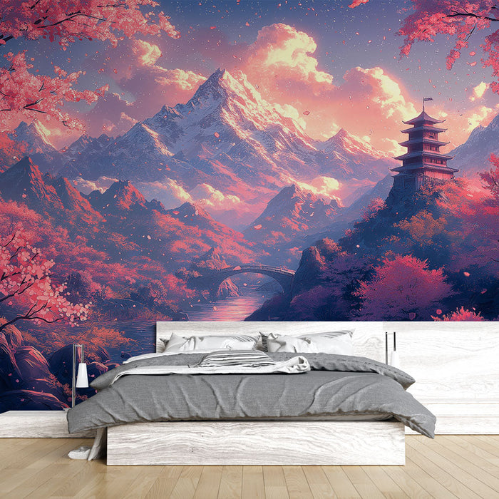 Фототапет Японски пейзаж | Величествени планини и черешови цветове