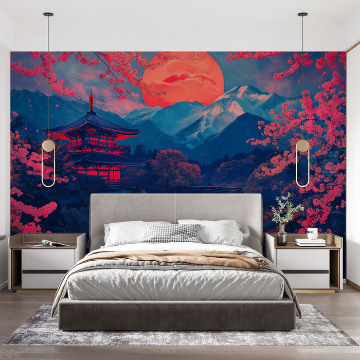 Фототапет Японски пейзаж | Величествени планини и черешови цветове при залез