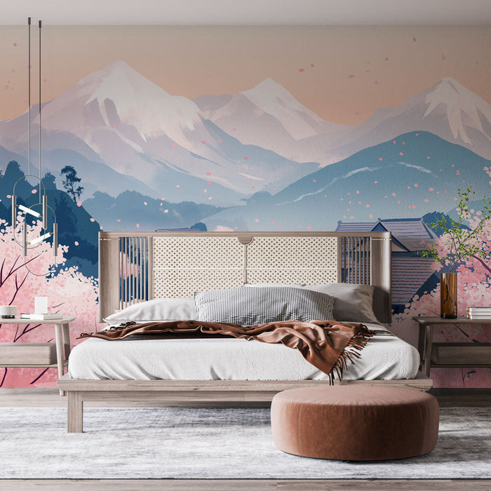 Тапет Японски пейзаж | Сцена на планини с череши в цъфтеж