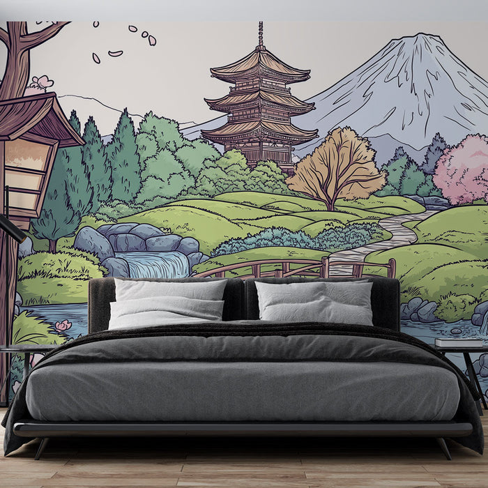 Papel pintado paisaje japonés | Escena pacífica con cerezos en flor y una pagoda