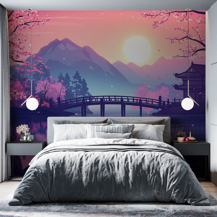 Фототапет Японски пейзаж | Романтична сцена при залез с цъфнали череши