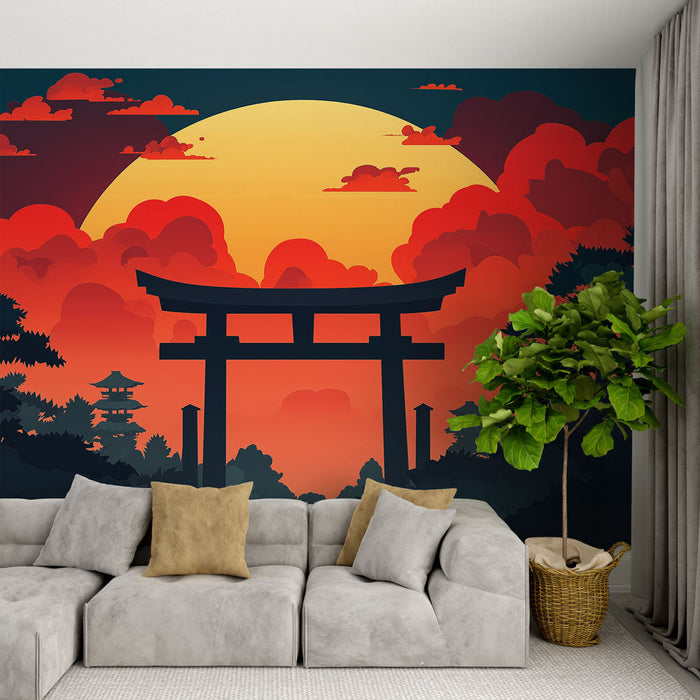 Tapete Японски пейзаж | Силует на Тории срещу оживен залязване на слънцето