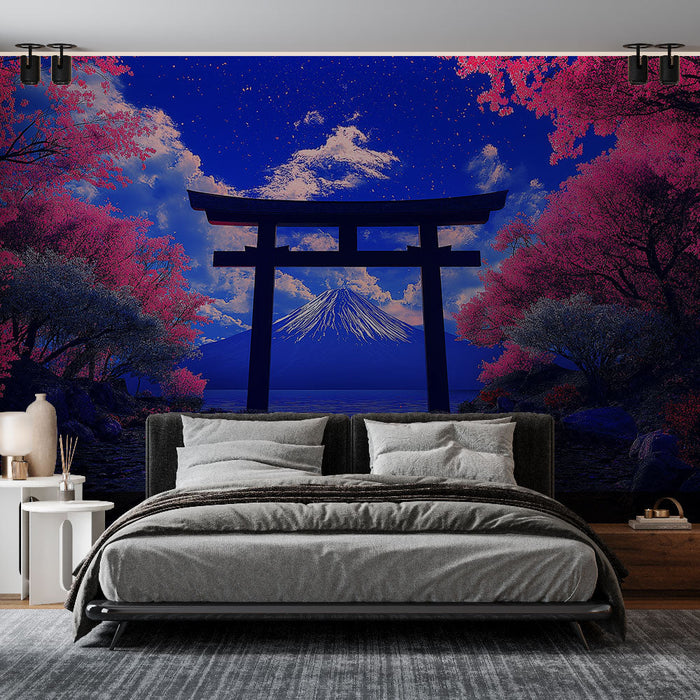 Фототапет Японски пейзаж | Тории под черешовите цветове с планината Фуджи