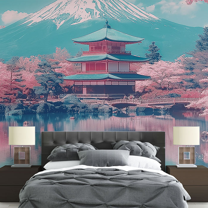 Tapeta Japonská krajina | Vznešená krajina s třešňovými květy a horou Fudži v pozadí