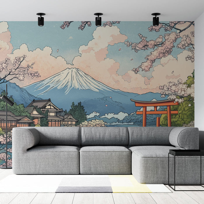 Carta da parati paesaggistica giapponese | Vista rilassante del Monte Fuji circondato da fiori di ciliegio