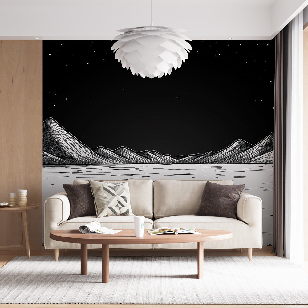 Foto Behang maanlandschap | Bergen en sterrenhemel in zwart-wit —  WonderMural, image size:1000x1000