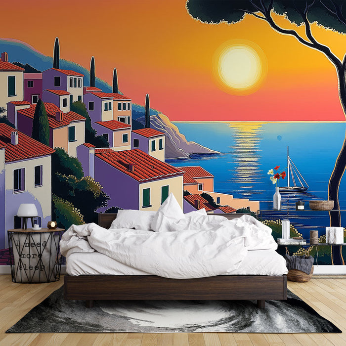 Ταπετσαρία τοπίου θάλασσας | Ηλιοβασίλεμα πάνω από ένα παραθαλάσσιο χωριό