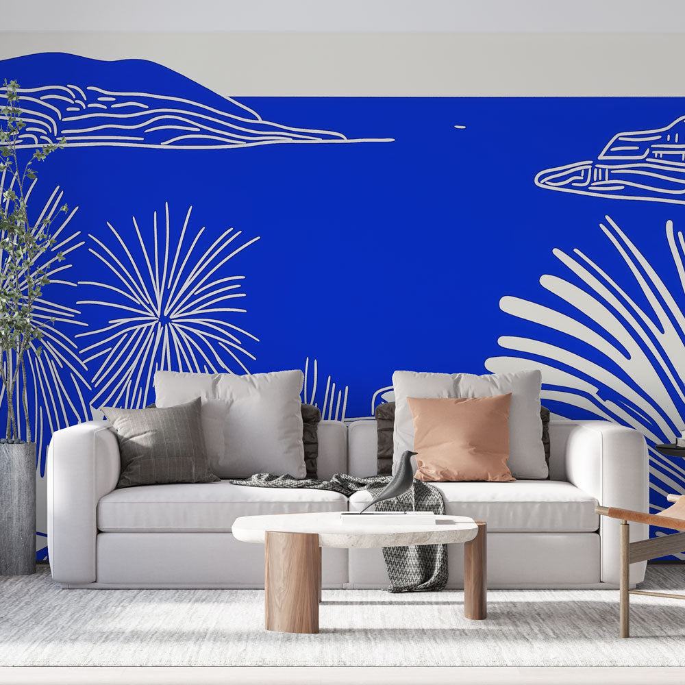 Papel pintado paisaje marino Diseño moderno en azul sobre fondo