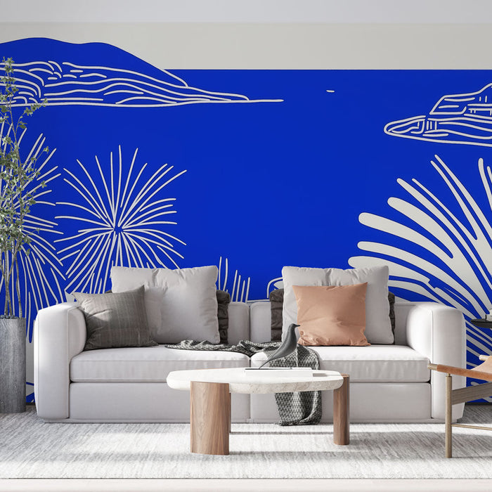 Papel pintado paisaje marino | Diseño moderno en azul sobre fondo blanco