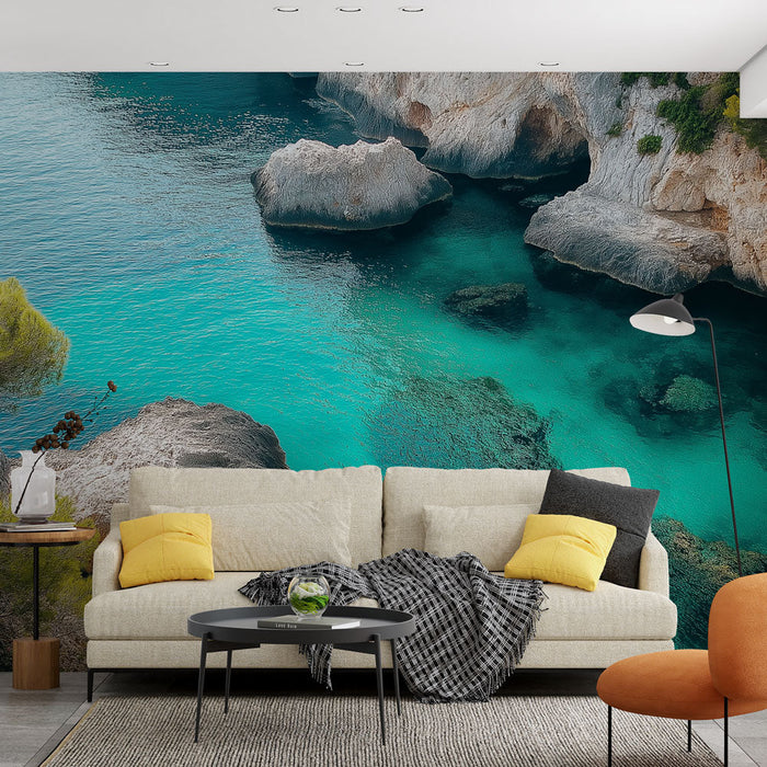 Tapet marine landskab | Turkis farvande og solbeskinnede klipper