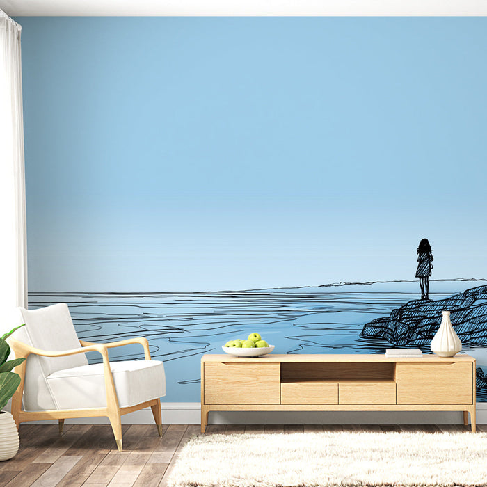 Tapete Meereslandschaft | Frau betrachtet den Horizont am Wasser