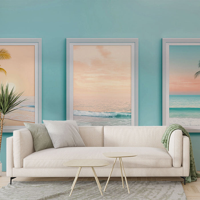 Τοπίο τοιχογραφίας | Ηλιοβασίλεμα σε παραλίες και φοίνικες στο παρασκήνιο