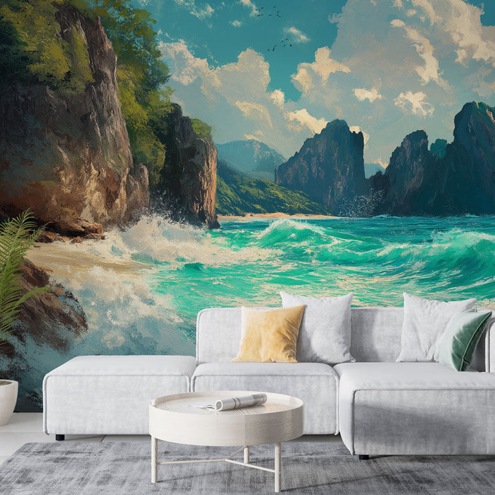 Falfestmény tengerparti táj | Festői part hullámokkal és fenséges sziklákkal