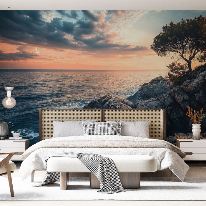 Carta da parati paesaggio marino | Roccioso al tramonto con onde