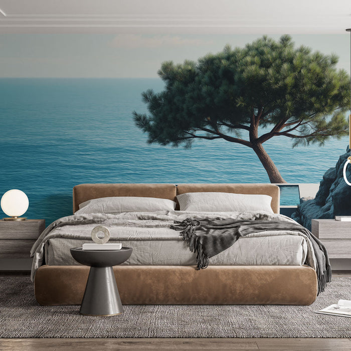 Tapet peisaj marin | Un copac privind un mare calmă și limpede