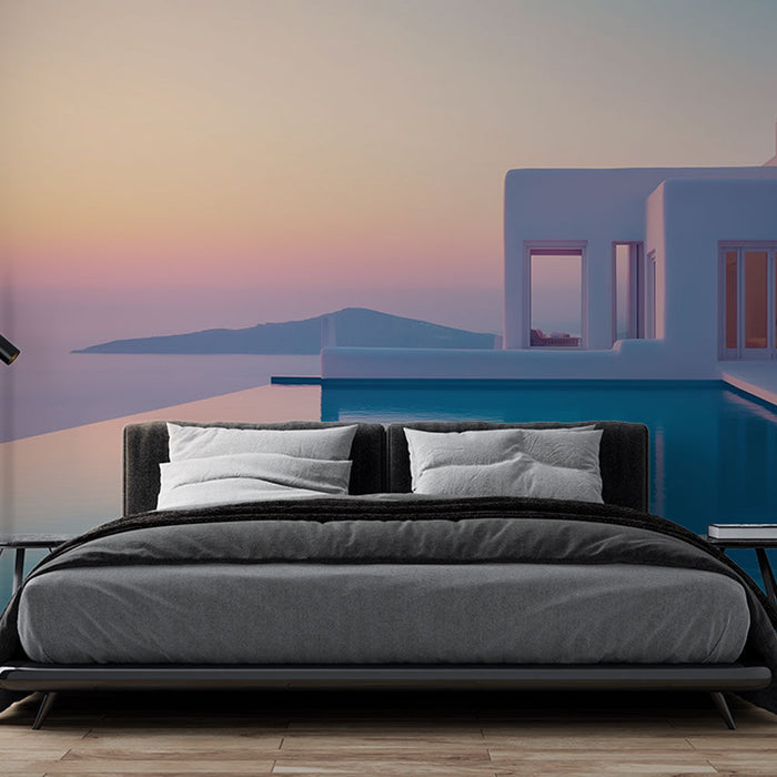 Fototapete Meereslandschaft | Moderne Villa mit Infinity-Pool und sanftem Sonnenuntergang