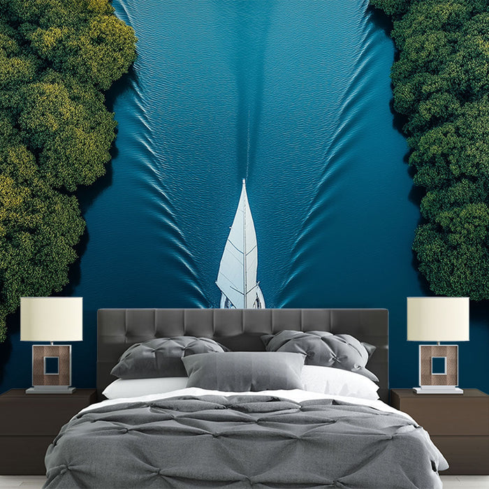 Carta da parati paesaggio marino | Barca a vela che naviga tra rigogliosi mangrovie